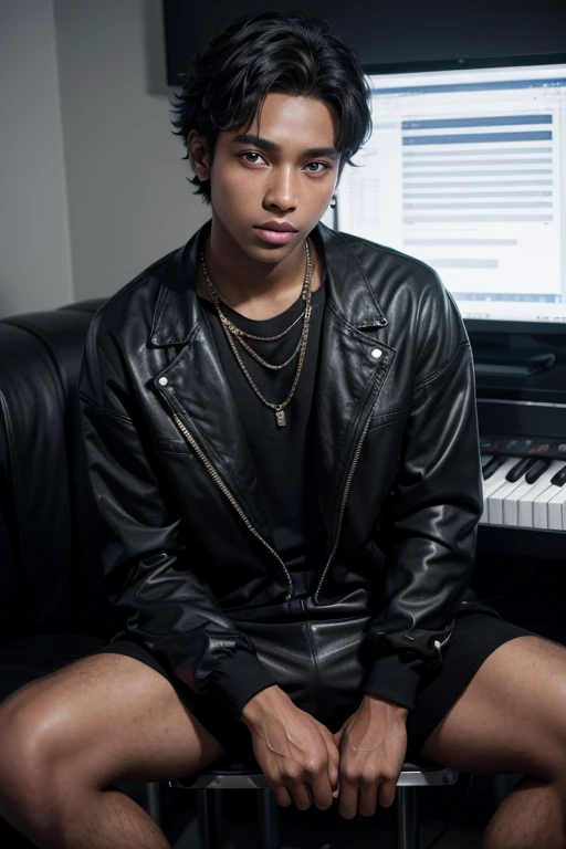 A  dark skinned boy, at a music label in a black and white outfit 