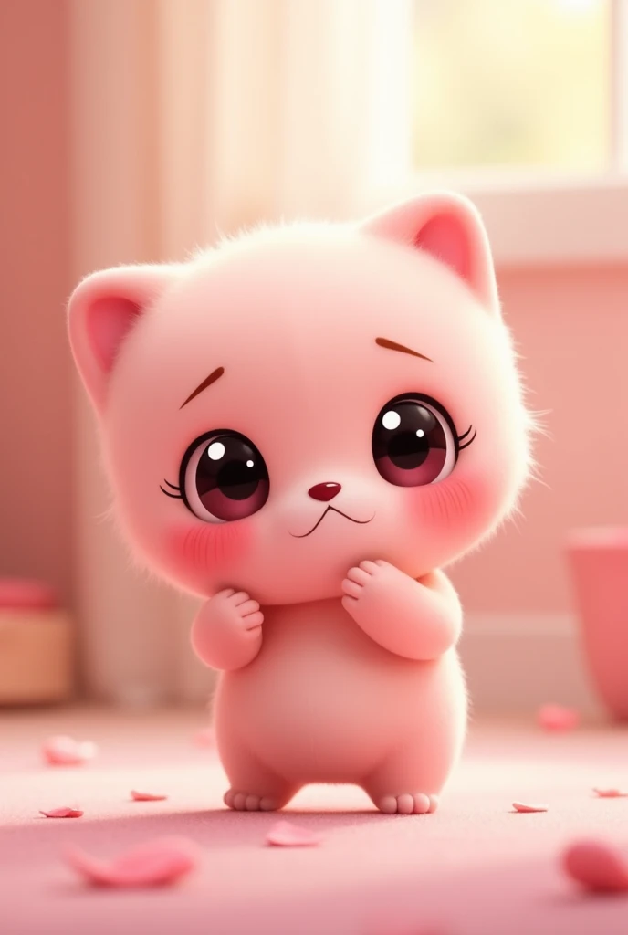 Create a cute animated character that represents the emotion Shyness, whose characteristic color is pink