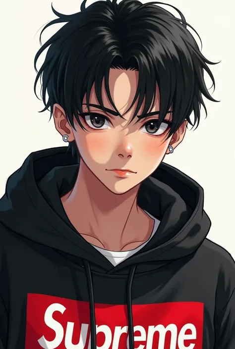 manhwa anime realistically portioned style back hair black eyed 1 boy supreme hoodie portrait