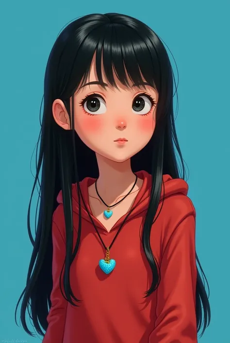 Disney image of a black haired girl, straight , long, Bookish hairstyle with a red long sleeved shirt with a small strawberry in the middle, a hood on and a blue heart necklace, a bright blue heart background 