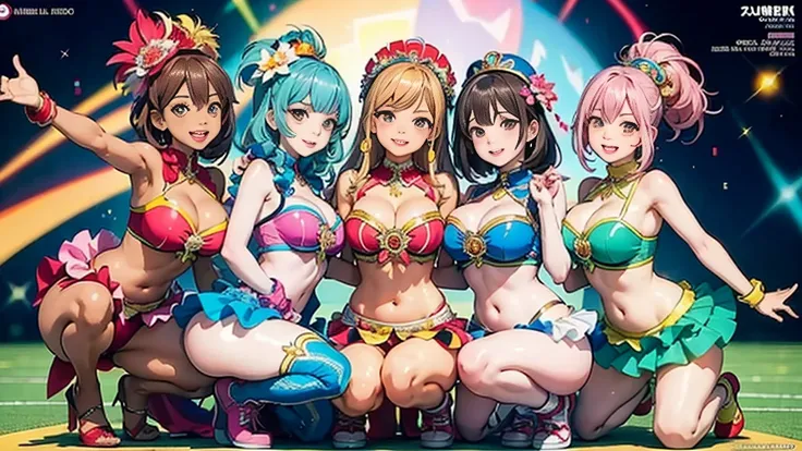 Masterpiece, super high quality anime style illustration, 8K, Samba Carnival in Rio de Janeiro. Very cute dancers 1, two cute girls, joyful smiles, squatting to rest, highly detailed faces, brown eyes, pink lips, natural makeup, flashy colorful outfits, re...