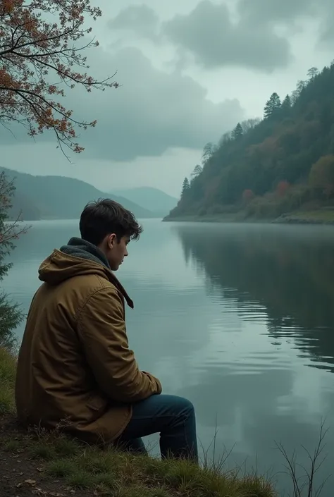 Boy 20 years old  waering coat sitting near river which is so so bigger and beautiful garden . Sky is full cloudy dark gray . Boyseeing his image in water . Give this picture natural real look