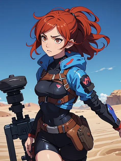 (masterpiece), (best quality), ((one girl)),alone, red hair,((brown eyes)),short curly hair, anime style, freckles, (small breast) (petite figure), blue and black cyberpunk outfit, battle outfit((desert background)) 