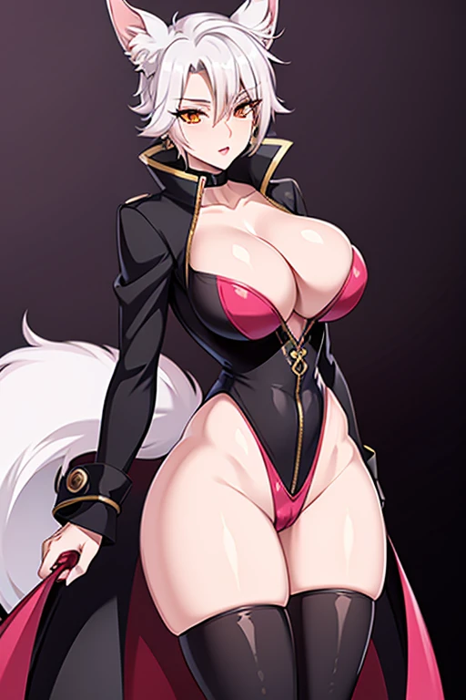 Fox-tailed zorro waifu, milf, pirate trench coat , HD, white hair with pink, bust, (eechi)