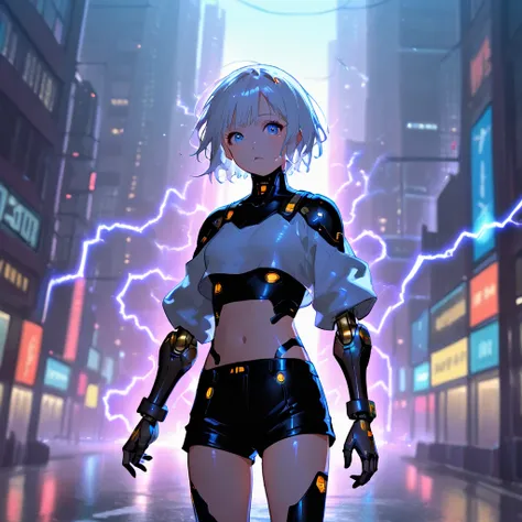 anime girl, pretty, short hair, white hair, crop top, short shorts, futuristic girl, city background with electricity rays