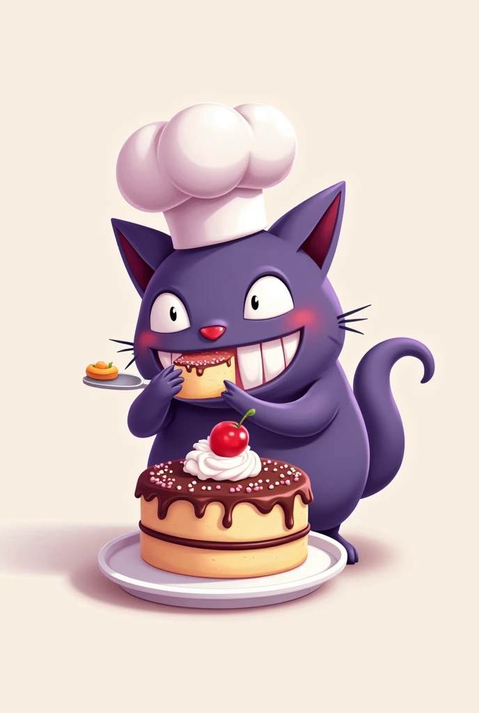 Cute animated Gengar character eating a delicious cake with chef hat without background for a logo