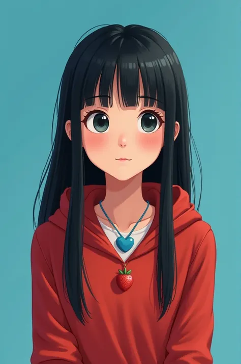 Disney image of a black haired girl, straight , long, Bookish hairstyle with a red long sleeved shirt with a small strawberry in the middle, a hood on and a blue heart necklace, a bright blue heart background 