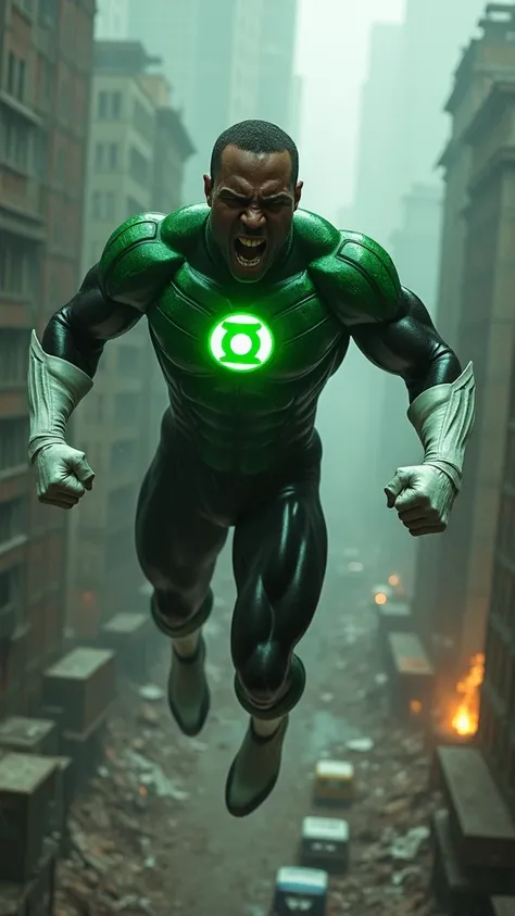 a full body black man with short hair under the cloak of green lanterns flying over a rainy apocalyptic city screaming exhausted after a battle Green suit combined with black in shiny leather boots and white leather gloves emblem of the green lanterns on h...