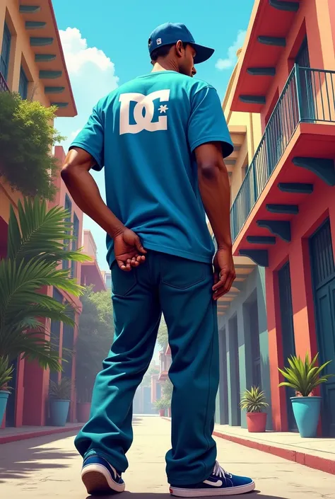 Man with his back turned fully clothed, with skater shoes and blue pants and a DC polo shirt in a Latin city, putting his hand in his pants scratching his butt, full body man with auras of funky newyork jazz eminem 