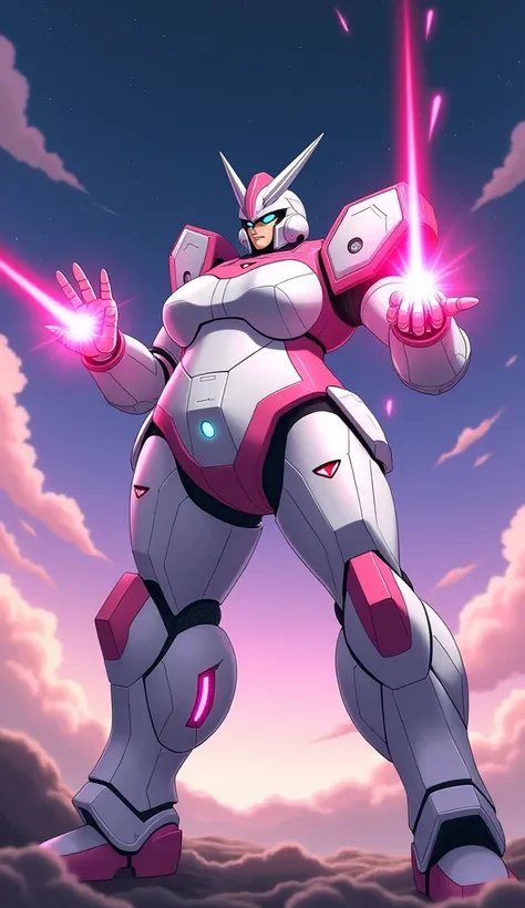 anime, Giant Robot, Uplifting,Junmin, A full-body image of a plump white and pink female super robot fighting with lasers coming out of its hands　Simple Background,universe, 