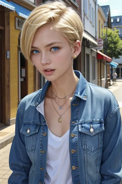 Blonde Caucasian Woman、、Short Haircut、, blue eyes,、Open your mouth a little、Denim jacket、shirt、Ear piercing、necklace、、The background is a town street
