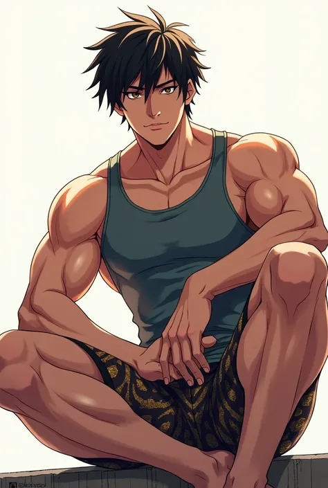 Anime handsome guy in tight sleeveless shirt and tight patterned shorts muscular sitting with hot thighs