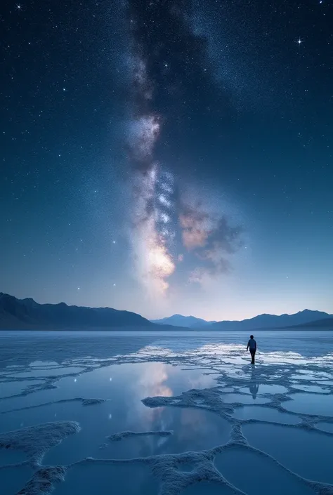 ((masterpiece, highest quality, Highest image quality, High resolution, photorealistic, Raw photo, 8K)), ((Extremely detailed CG unified 8k wallpaper)), The starry sky reflected in the Uyuni Salt Flats,