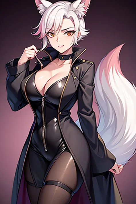 Fox-tailed zorro waifu, milf, pirate trench coat , HD, white hair with pink, bust, 