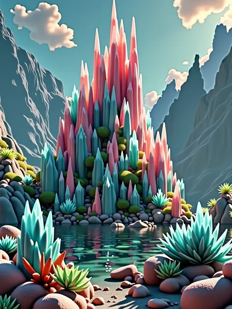 A photo of an underwater mountain range made of blue and pink crystals，In the lower right corner is a small coral reef with plants and rocks，Blue Background，Surreal，Movie Grade，Epic，Stereo lighting，Octane Rendering