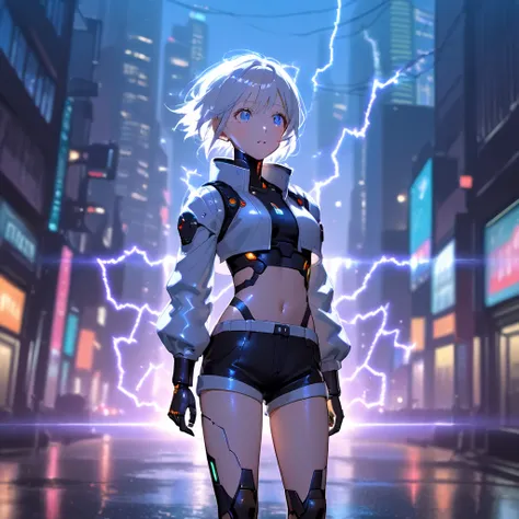 anime girl, pretty, short hair, white hair, crop top, short shorts, futuristic girl, city background with electricity rays