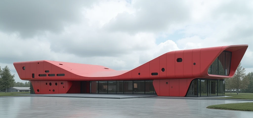 Futuristic design of office building, red color, in a small town, cloudy weather, super realistic photo, high resolution