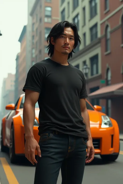 (the fast and the furious) *Sung Kang*  
   "A 3D male character with Asian features, not disney-pixar style, long black hair and a calm expression, wearing a black t-shirt and jeans. Ao fundo, an orange Nissan 350Z car speeding on a city road."