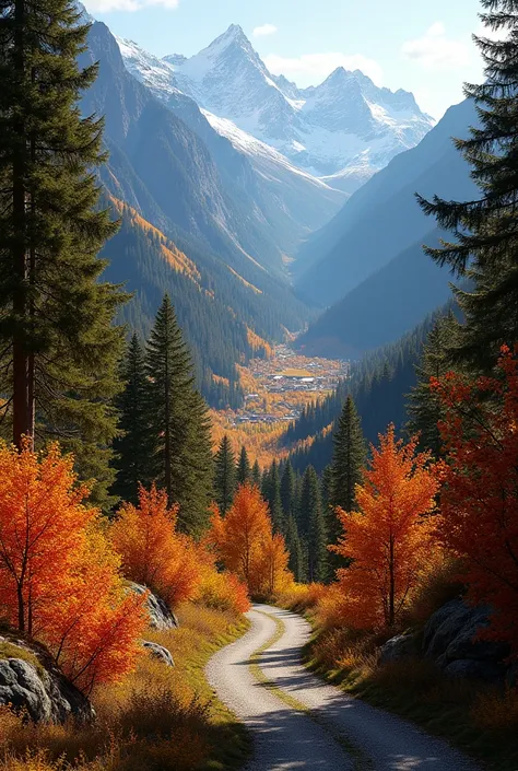 
7. **Autumn in the Alps**: A breathtaking autumn landscape where golden and red leaves contrast with the dark green pine trees. Include a winding path leading to a viewpoint that overlooks a valley filled with colorful foliage and snow-capped peaks in the...