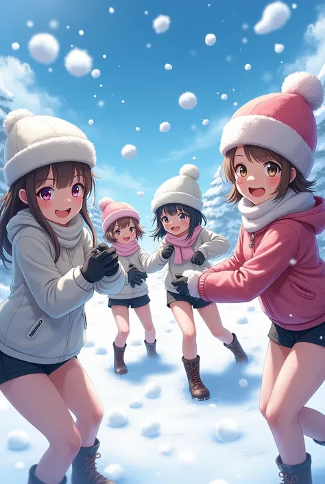 Snow Scene、snowball fight、Beautiful and adorable girls、Baby Face、Black Bikini、Ski caps、Scarf、Playing happily