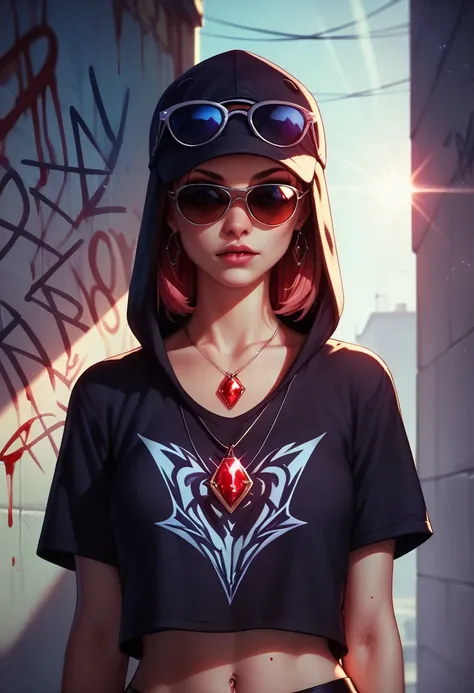 foreground,simple background,Background with neon rays of various colors,hyperdetailed,well defined details,hyper realistic,1 girl,graffiti hood,demon shirt,pierce,Sunglasses,blood gem pendant