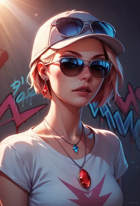 foreground,simple background,Background with neon rays of various colors,hyperdetailed,well defined details,hyper realistic,1 girl,graffiti hood,demon shirt,pierce,Sunglasses,blood gem pendant