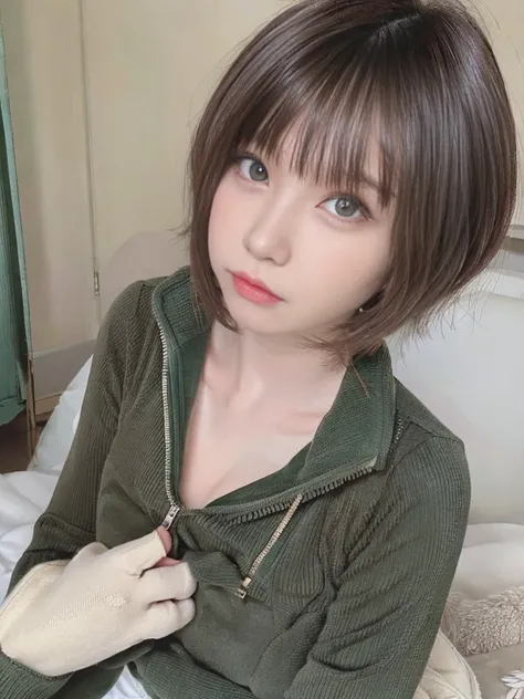 Girl, brown hair, bob haircut, with bangs, purple snow jacket with green sweater inside, hands crossed, slightly serious expression, big eyes,  white gloves, blue eyes,