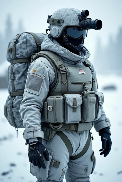 Create a soldier with a camouflage helmet with a thermal camera attached to the helmet, wearing a white camouflage vest and a large backpack on his back