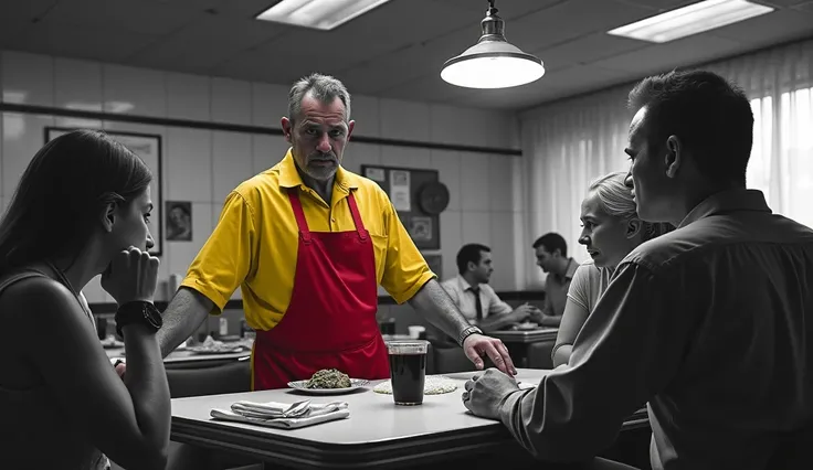 A distorted dramatic scene of an exhausted diner waiter, tired of working in this underemployment, customers sitting down calling the attendant, the whole scene is black and white and the attendant is wearing colorful yellow and red clothes.
