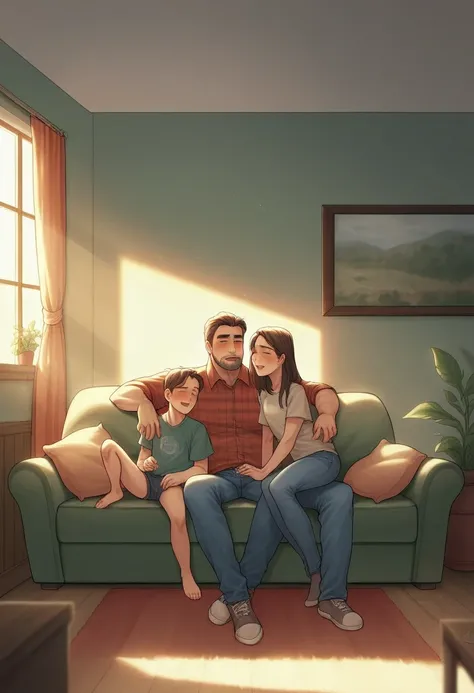 Create a picture of a family of five, father and mother, 2 sons, 1 1, 1  and  daughter.  who sat on the sofa in the living room with large windows,  allowing natural light to fill the room. Family members wore plaid shirts and matching jeans. Their positio...