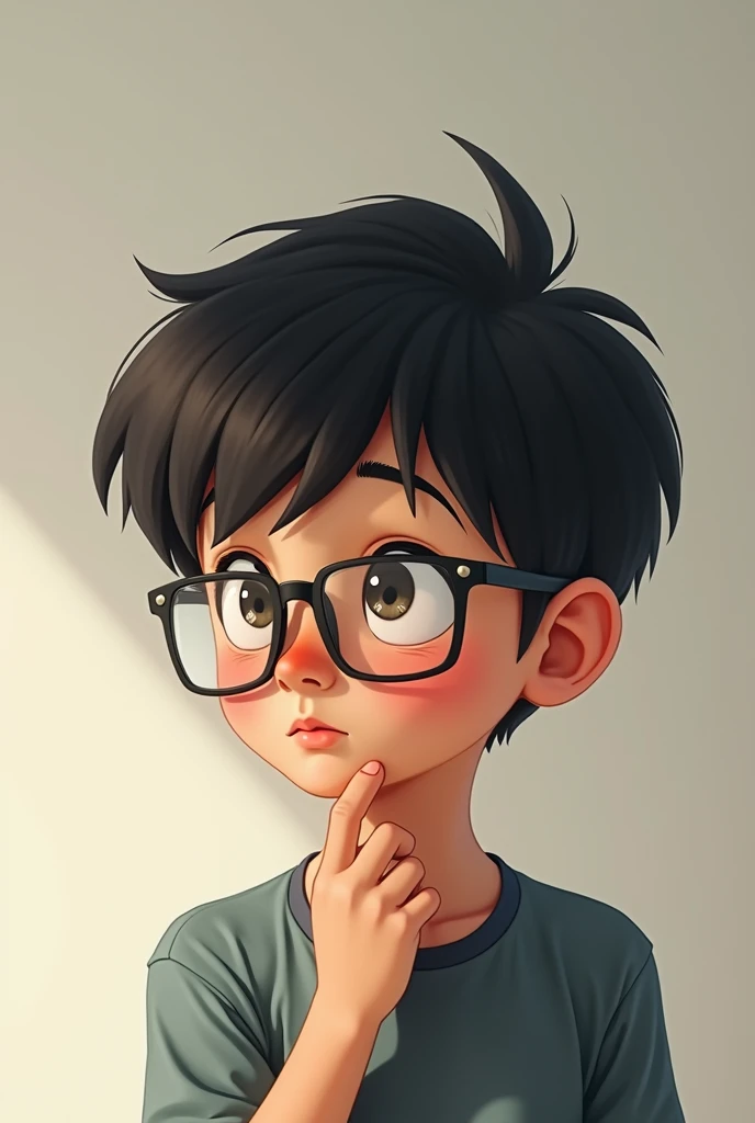 A short-haired dark-haired boy with glasses