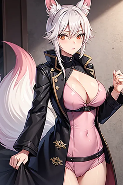 Fox-tailed zorro waifu, milf, pirate trench coat , HD, white hair with pink, bust, 