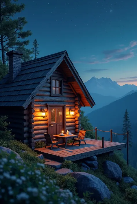 Cabin on top of a mountain with a table and chairs with cups of coffee and the forest in the background on a beautiful night, without people. With a close-up of the cabin 
