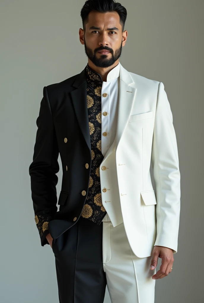 Generate image of black Thai Chinese wedding suit of small bearded man serious guy, change into a white wedding suit 