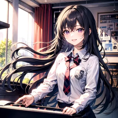 highest quality, A high school girl with long, dark blue hair,School uniforms, Purple eyes,smile,singing in the School Music Room, grand piano