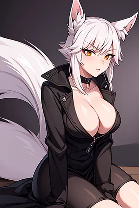 Fox-tailed zorro waifu, milf, pirate trench coat , HD, white hair with pink, bust, (eechi)