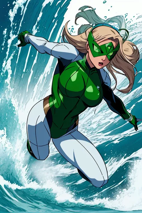 Tsunami – Create the image of a female hero. I want his entire body to be visible, from head to toe. The hero wears a white and green Aquagirl-style uniform, with a mask, boots and green gloves with fins. Miya Shimada can generate and control giant waves. ...