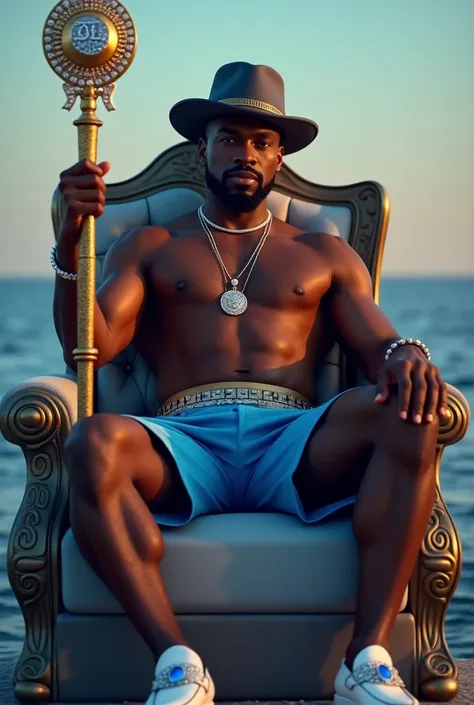 Forty year old black man, very elegant and sophisticated, strong athletic build, with a goatee, wearing jewelry and a modern bowler hat, shirtless in bright blue dress shorts Italian loafer shoes in white with blue and blue diamond stone details The initia...