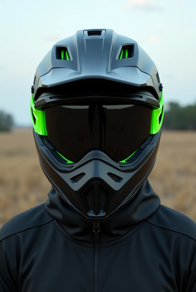 Imagine a selfie with a realistic full-face motocross helmet, Black color with green details in ,open landscape, distant trees 