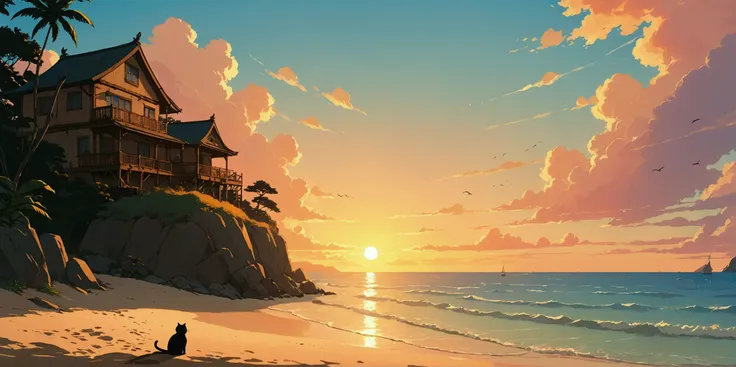 Sunset and beach、Buckshot、Xin Haichen、Ghibli Anime Style、Anime Background、 I put on headphones、Cat、profile、Anime Scenery、Anime movie background,lo-fi、（K