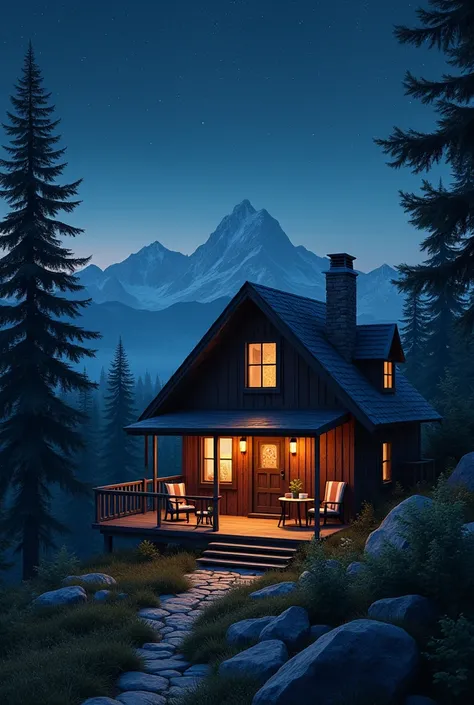 Cabin on top of a mountain with a table and chairs with cups of coffee and the forest in the background on a beautiful night, without people. With a close-up of the cabin. realistic image 
