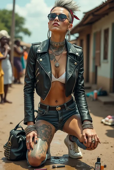 russian milf woman, grey  hair (high pouf, top bun, shaved sides), colourful bandana as headband, with very light blue eyes, extremely pale skin. All neck tattooed. Hands and forearms all tattooed.vTighs all tattoed. Wearing cropped aged black moto jacket ...