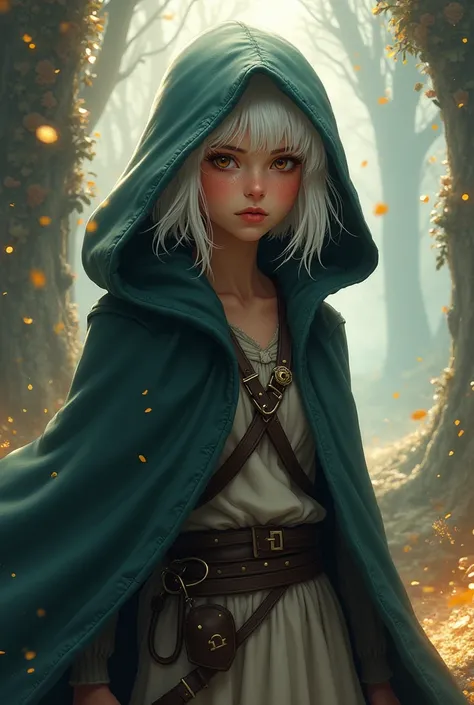 A thief teenaged girl in a hooded cloak. She has white fluffy hair and rust colored skin. Fantasy themed.