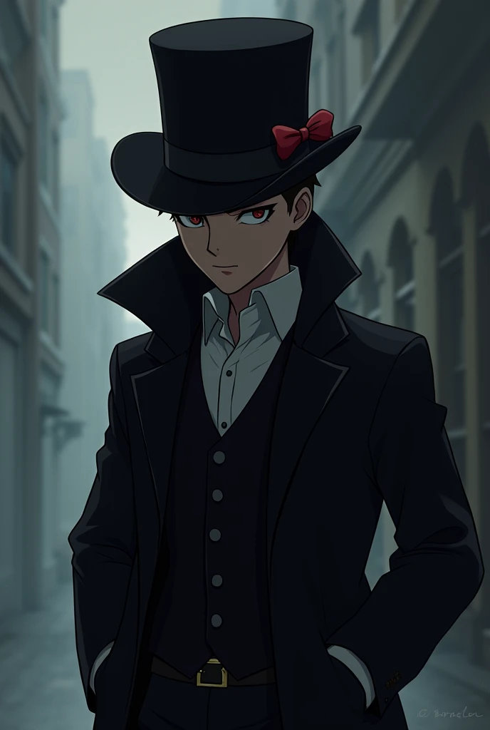 Create the image of a mysterious detective-like figure, This detective wears a black vest and a distinctive black top hat with a red bow around it. The hat also has a "n" in italics. The detective has his hands in his vest pockets., which makes your hands ...