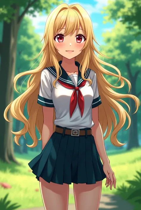 Capture my hero academia Girl with ash blonde hair, long wavy hair without bangs. Red eyes and smile. clear skin. He wears a uniform and is in a park