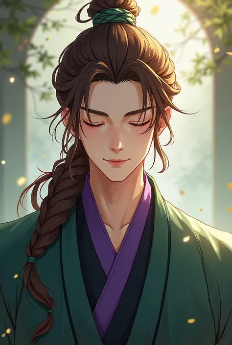 Generate a character in the style of tian guan ci fu, with brown hair tied in a braid, eyes torn closed, a smile and green and violet tunics and that he is a man 