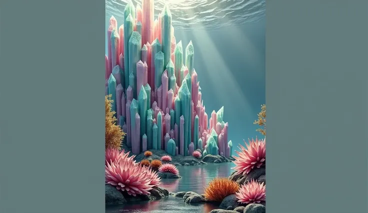 A photo of an underwater mountain range made of blue and pink crystals，In the lower right corner is a small coral reef with plants and rocks，Blue Background，Surreal，Movie Grade，Epic，Stereo lighting，Octane Rendering