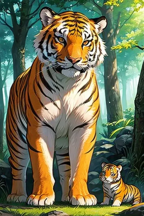 ultra hd、masterpiece、beautiful、tiger、parent and child, line up next to, cute、cool、mystery、natural forest,