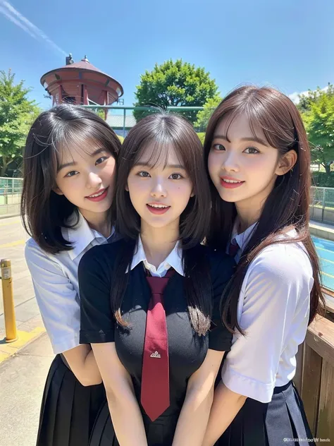 (a super cute korean schoolgirl takes a commemorative photo with her three best friends:1.2)(laughing:1.2)(beautiful sweat:1.1)(...