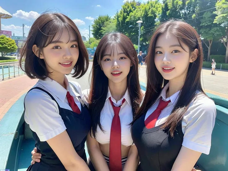 (a super cute korean schoolgirl takes a commemorative photo with her two beautiful best friends:1.2)(laughing:1.2)(beautiful swe...